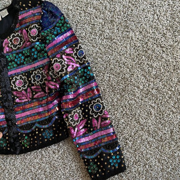 Vintage Laurence Kazar New York Womens Sz S Sequin Beaded Floral Jacket - Picture 4 of 13
